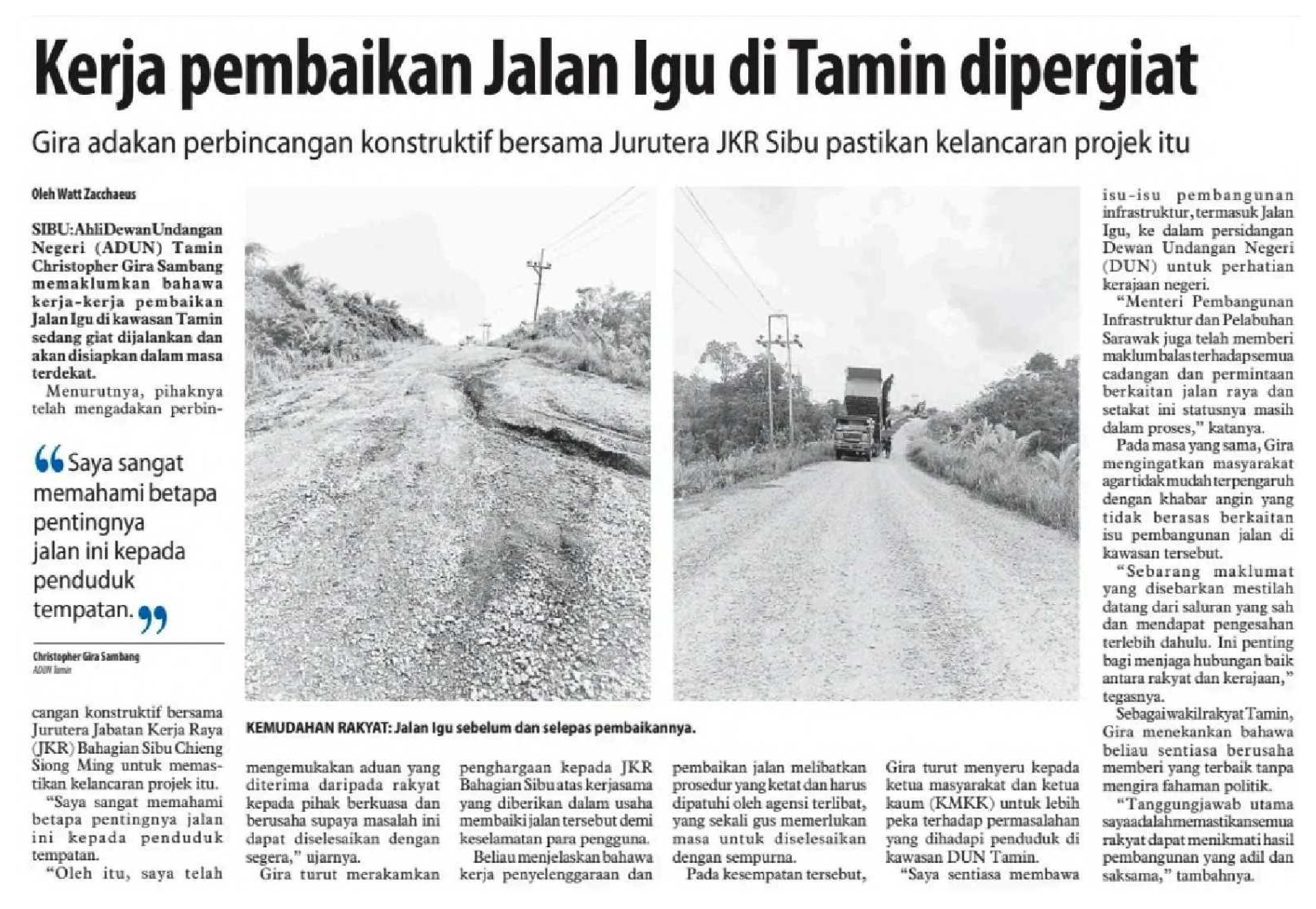 4 Mac 2025, Sibu - Kerja pembaikan Jalan Igu di Tamin dipergiat (Utusan Borneo Sarawak)